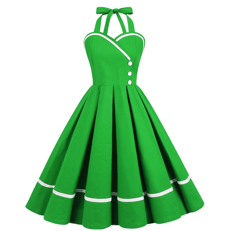 Retro 50S Womens Vintage Spliced Halter Sleeveless A-Line Dress Ponchy Dress